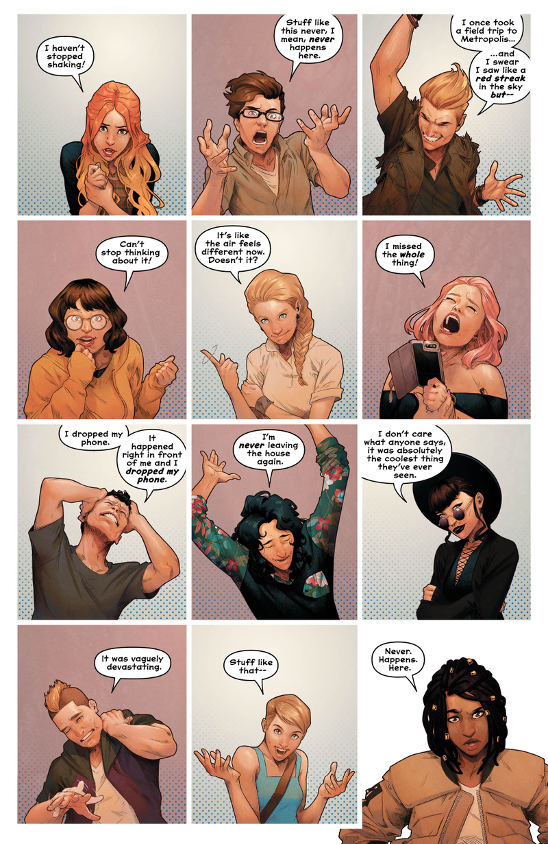 Characters in Naomi’s hometown react to Superman’s appearance.